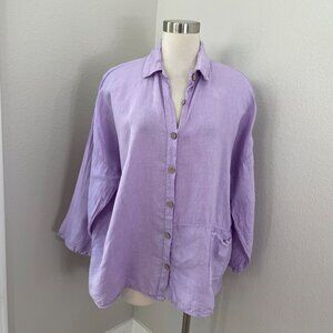 Saga Womens One Size Lavender 100% Linen Button Up Shirt Oversized Fit Pocket